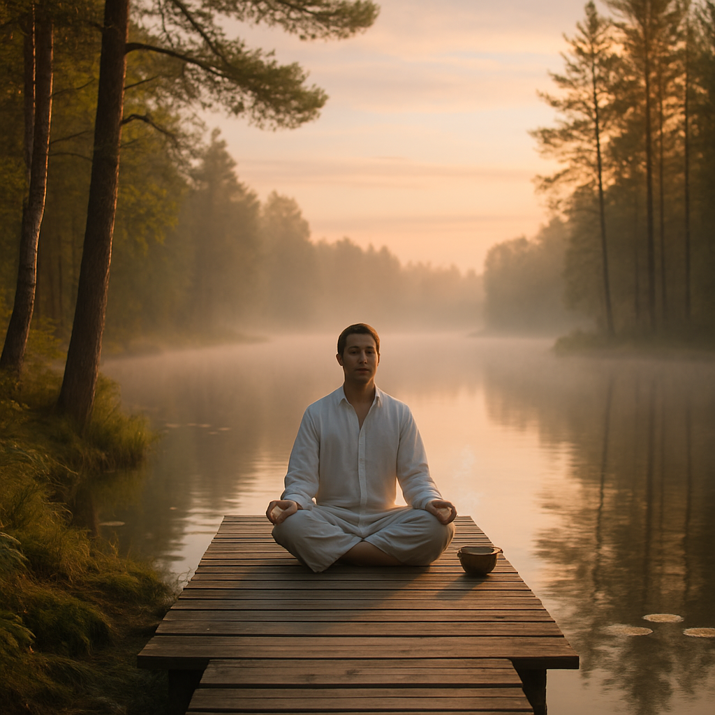 Calm twilight forest with mist, creating a tranquil background for testimonials