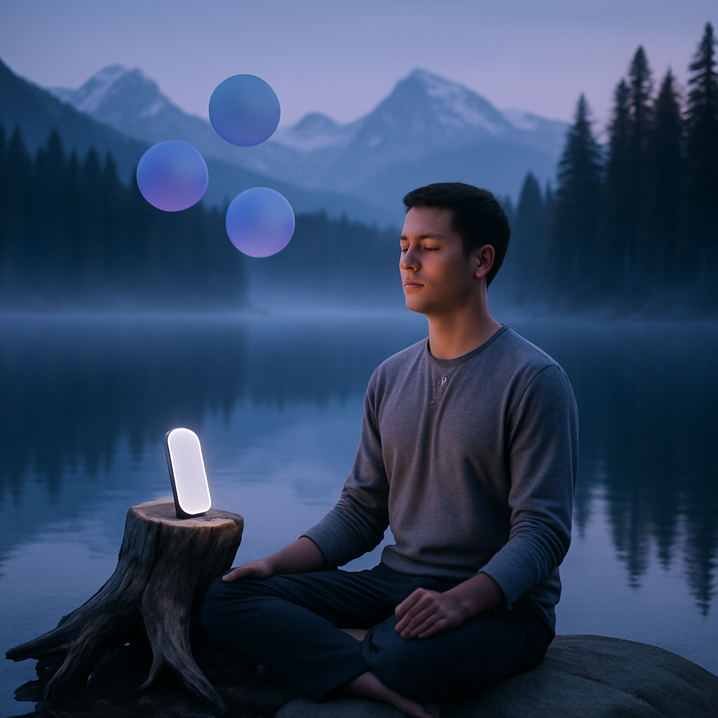 A serene lake at dawn with misty hills and soft blue‑purple skies setting a calming tone